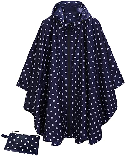 POWINSUN Fashion Hooded Rain Poncho Waterproof Raincoat Jacket with Pocket for Women/Men/Adult (A-Blue dot)
