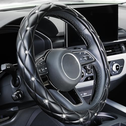 YOGURTCK Diamond Soft Leather Anti-Slip Steering Wheel Cover with Bling Bling Crystal Rhinestones, Universal 15 Inch for Women Girls, Fit Vehicles, Sedans, SUVs, Vans, Trucks - Black
