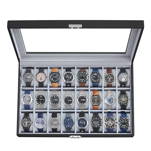 SONGMICS Watch Box, 24-Slot Watch Case, Lockable Watch Storage Box with Glass Lid, Gift Idea, Ink Black Synthetic Leather, Dove Gray Lining UJWB024