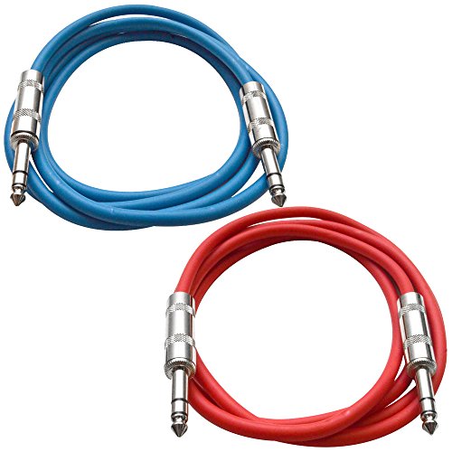 Seismic Audio - SATRX-6-2 Pack of 6' 1/4' TRS Male to 1/4' TRS Male Patch Cables - Balanced - 6 Foot Patch Cord - Blue and Red