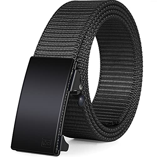 FAIRWIN Men's Ratchet Web Belt,1.25 inch Nylon Web Automatic Slide Buckle Belt - No Holes and Invisible Belt Tail Web Belt for Men (Black, 28-34)