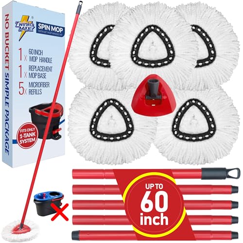 Twinko Max Spin Mop Replacement Kit without Bucket, Compatible with O-Cedar EasyWring 1-Tank System Triangle Microfiber Spin Mop, 60-Inch Combination Handle, 5 Microfiber Mop Head Refills, 1 Mop Base.