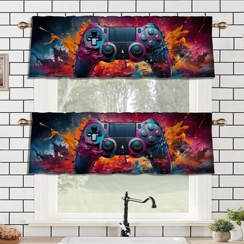 LHROOMJK Gamepad Decor Kitchen Valance for Window, Video Game Controller Color Splash Treatment 2 Panel x 54' W x 18' L for Bedroom Living Room,Rod Pocket Short Curtains for Bathroom Cafe