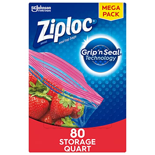 Ziploc Quart Food Storage Bags, New Stay Open Design with Stand-Up Bottom, Easy to Fill, 80 Count