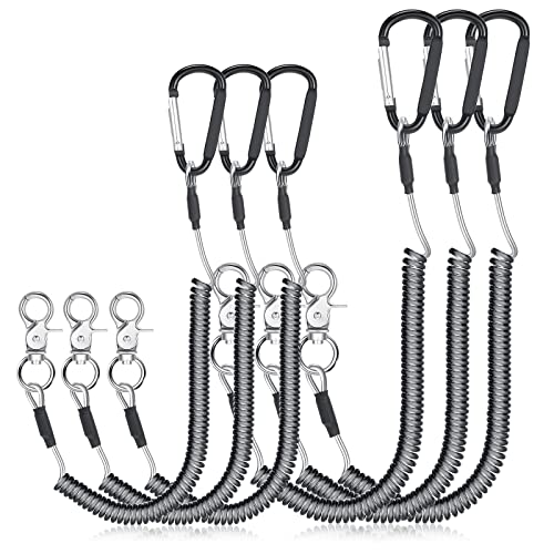 6 Pack Heavy Duty Fishing Lanyard Steel Wire Coiled Lanyard Kayak Retractable Tool Leash Fishing Rod Safety Lanyard Fishing Gear Lanyard Tether Accessories with Alloy Clips for Pliers Boating (Black)