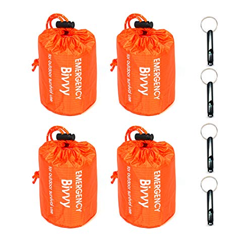 GOGOOD 4 Pack Emergency Bag Survival Bivvy Sack with Whistles, Lightweight Portable Emergency Supplies for Outdoor Camping Hiking Keep Warm After Earthquakes, Hurricanes Disasters