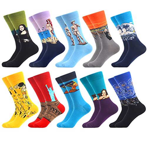 WeciBor Colorful Socks Mens Fun Famous Painting Art Printed Casual Crazy Funny Cotton Crew Socks - 10 Pack - Size 10-13