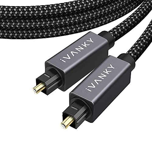IVANKY Digital Optical Audio Cable 15ft/4.5M, Slim Nylon Braided Audio Optical Cord Toslink Cable for Sound Bar, TV, PS4, Xbox, Samsung, Vizio, 24K Gold-plated - CL3 Rated, Grey