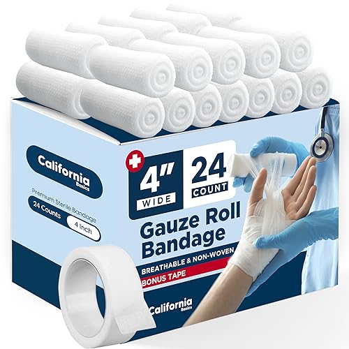 Surgical Gauze Bandage Rolls (4 inch) - Pack of 24 with Bonus Tape - Essential for First Aid and Medical Supplies - Medical Supplies for Wound Care - Breathable Medical Tape