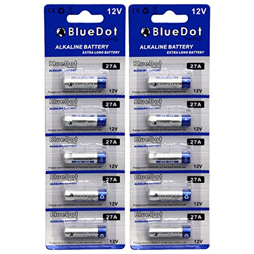BlueDot Trading 27A A27, G27A, L828 or MN27 12 Volt Alkaline Dry Cell Battery for Keyless Entry Remotes, Home Security Systems, Wireless Doorbells, Retail Package (10)