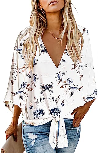 Women's Blouse Summer Loose Fit Work Office Shirt Batwing Sleeve Floral Tops Casual Boho Knot Front Outfit White XL