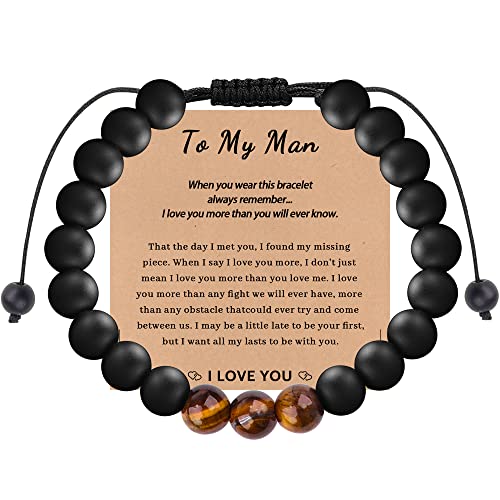 ZZLTAWS to My Man Bracelet,Adjustable Handmade Braided Natural Stone Beaded Bracele Bracelet,Tiger Eye Black Agate Stone Beaded Bracelets for Men,for Boyfriend,Husband,Son,Grandson,Brother Gift