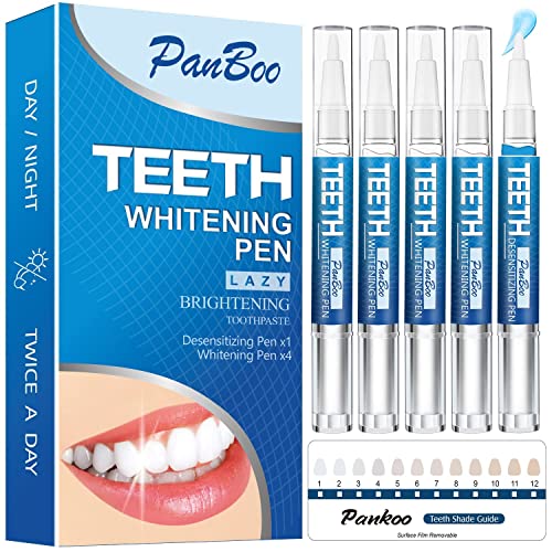 Teeth Whitening Pen 4+1, Use Twice a Day Up to 1-6 Shade Whiter in 1-2 Weeks, 4 Pens, 1 Desensitising Pen, 70+ Treatments, Effective, Pain Free and Enamel Safe, Easy at Home