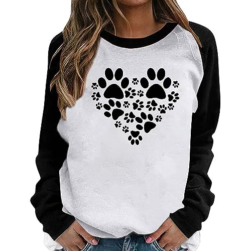 Women Drop Shoulder Sweatshirt Dog Paw Print Heart Graphic Shirt Fashion Colorblock Crewneck Long Sleeve Pullover Top