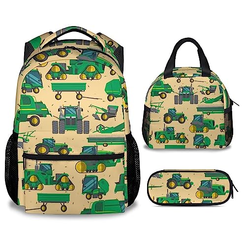 AIOMXZZ Tractor Backpack with Lunch Box Set for Boys, 3 in 1 School Backpacks Matching Combo, Cartoon Green Bookbag And Pencil Case Bundle