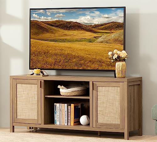 SICOTAS TV Stand for Living Room : Rattan TV Console Cabinet with Storage and Shelf, Boho Entertainment Center, 59' Media Console for 55, 65 Inch TV, 26' Tall Wood Television Stands, Oak