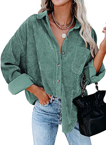 Dokotoo Womens V Neck Roll Up Long Sleeve Pocket Corduroy Shirts Casual Boyfriend Button Down Petite Blouses M Green
