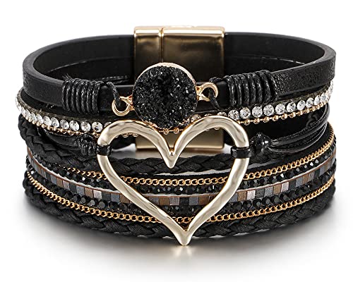 Fesciory Leopard Bracelet for Women, Boho Leather Wrap Multi-Layer Pearl Crystal Bracelet Bangle Jewelry (B29:Heart Leather(Black))
