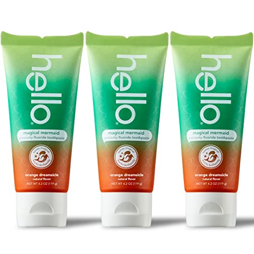 hello Mermaid Orange Dreamsicle Kids Fluoride Toothpaste, Natural Flavor, Ages 2+, No Artificial Sweeteners, No SLS, Gluten Free, Vegan, 4.2 oz Tubes (Pack of 3)