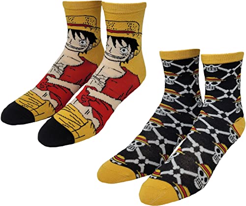 Ripple Junction One Piece Anime Monkey D. Luffy & Jolly Roger Skull Logo Adult Crew Socks 2-Pairs