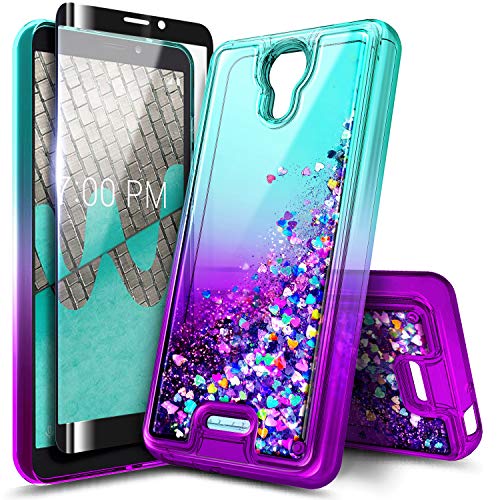 NZND Case for Wiko Ride 2 (U520AS) with Tempered Glass Screen Protector (Full Coverage), Glitter Liquid Floating Waterfall Girls Cute Phone Case Cover (Aqua/Purple)