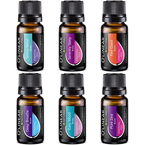 O'Linear Top 6 Blends Essential Oils Set - Aromatherapy Diffuser Blends Oils for Sleep, Mood, Breathe, Temptation, Feel Good, Stress Relief