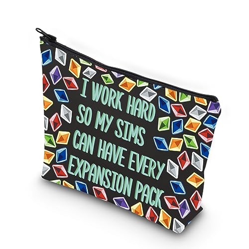WCGXKO Video Game Gift Sim Game Gift Funny Gaming Zipper Pouch Sims 4 Plumbob Pattern Makeup Bag For Gamer (I WORK HARD)