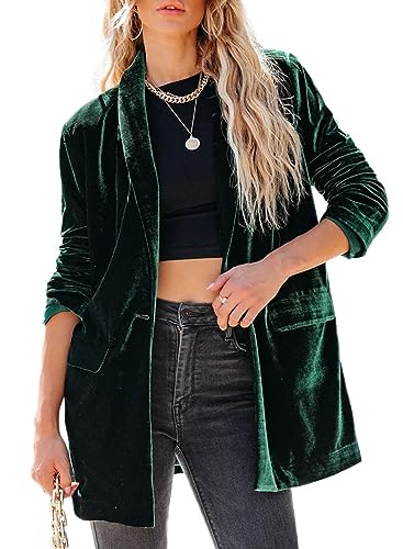 Happy Sailed Women Velvet Blazer Fashion Fall Casual Long Sleeve Lapel Collar Pocketed Blazer Suits Work Outfits Green Large
