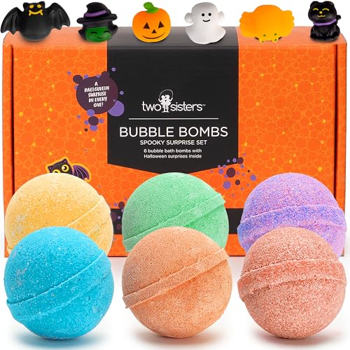 Spooky Bath Bombs for Kids with Surprise Inside, 6 Kids Bath Bombs with Spooky Bath Toys, Gentle and Kids Safe, USA Made, Halloween Gifts for Kids by Two Sisters
