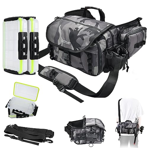 Goture Fishing Bag, Fishing Tackle Bag with 2 Free 3600 Tackle Trays, Water-Resistant Fishing Backpack Tackle Sling Bag, Fly Fishing Fanny Pack Storage, Fishing Tackle Box for Fishing Gear,Fishing Gifts for Men