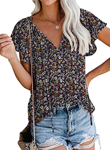 Short Sleeve Tops for Women Summer V Neck Chiffon Blouse Fahsion Floral Boho Shirts (Black,M)