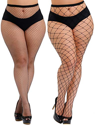 HZH Womens High Waist Tights Fishnet Stockings Plus Size Thigh High Pantyhose(Large+S/M Gride,2 Pairs)