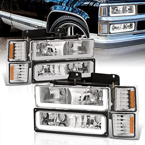 AJP Distributors LED DRL Headlights + Corner Bumper Lamp Compatible/Replacement For C10 C/K C1500 C2500 C3500 K1500 K2500 K3500 Silverado Suburban Tahoe 1994 1995 1996 1997 1998 1999 94 95 96 97 98 99