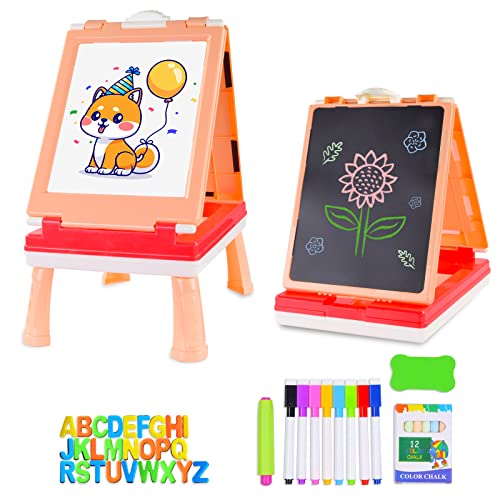 AyeKu Easel for Kids,Tabletop Easel for Toddler, Educational Toys Gifts for 3 4 5 6 7 Year Old Boys Girls -Comes with Chalkboard, Magnetic Whiteboard Letters and More (Pink)