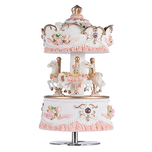 Carousel Music Boxes for Girls 3-Horse Rotating Windup Melody Castle in The Sky Color Change LED Lights Musical Gift for Baby Kids Daughter Birthday Christmas Festival Music Box Artware Pink