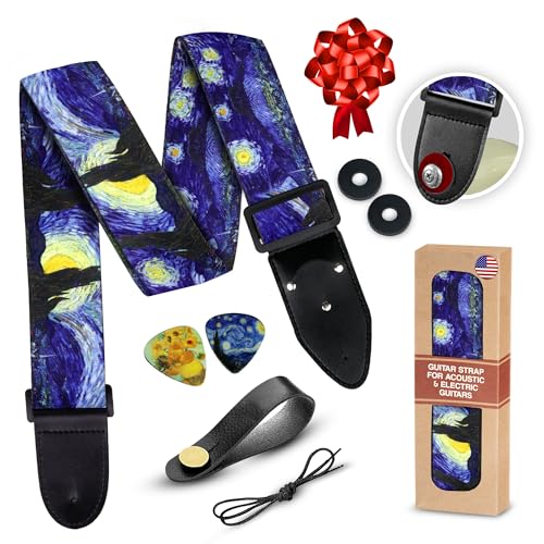 Van Gogh 'Starry Night' Guitar Strap for Bass, Electric & Acoustic Guitar - Christmas Gift & Stocking Stuffer Set, 2 Strap Locks, 2 Picks - Adjustable Cotton Strap for Men & Women Guitarists