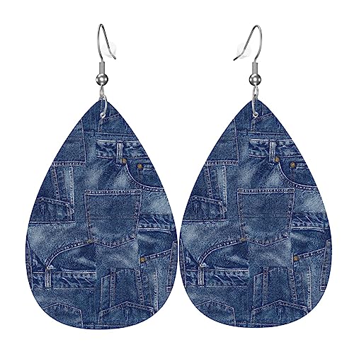 Vintage Blue Jean Denim Print Faux Leather Earrings, Vintage Denim Fold Art Print Teardrop Dangle Earrings, Lightweight Dangle For Women Girls