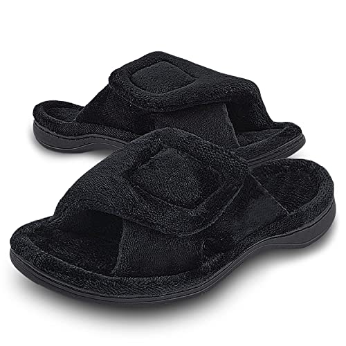 Git-up Women's Memory Foam Slippers with Arch Support Adjustable Hook and Loop Slippers Diabetic Open Toe Soft Bedroom House Slippers for Indoor Outdoor Shoes BLK US 8/9