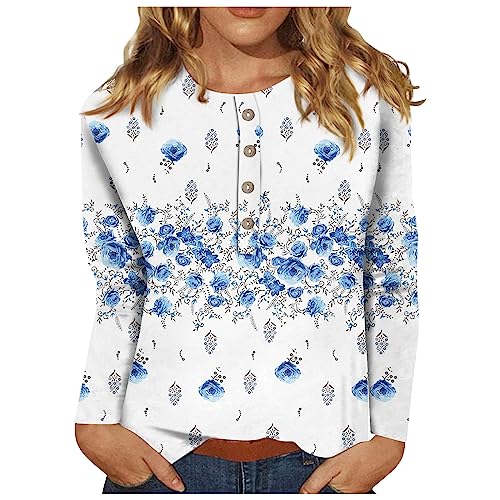 Women Long Sleeve Tops Printing Tunic Crewneck Blouse Fashion Lightweight Women's Fall Tops 2023 Comfy T Shirts Long Sleeve Shirts for Women Blue 5X-Large