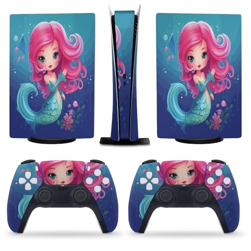 Buyidec Mermaid Pink Tail PS5 Skin Console and Controller Accessories Cover Skins Anime Vinyl Cover Sticker Full Set for Playstation 5 Digital Version