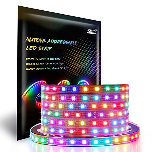 ALITOVE WS2812B Individually Addressable LED Strip Light 5050 RGB 16.4ft 300 LED Pixel Flexible Lamp Tube Waterproof IP67 Black PCB DC 5V