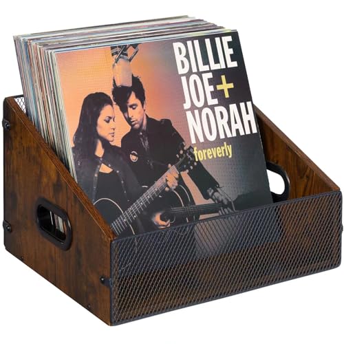 Yuzehuaza Vinyl Record Storage Holder, Trapezoidal LP Vinyl Record Crate with Handle, Wood & Metal Album Storage Desktop Organizer Box for Books Files, Rustic Brown