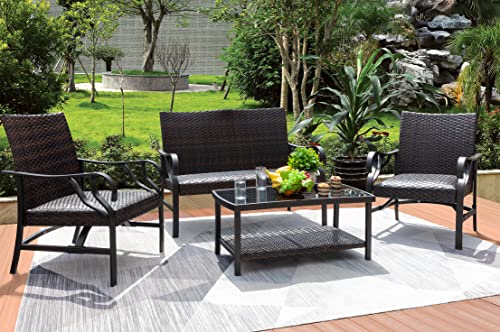 Devoko Patio Furniture Set 4 Pieces Outdoor Furniture Set Wicker Rattan Chairs and Glass Coffee Table Patio Conversation Set for Garden, Patio, Yard