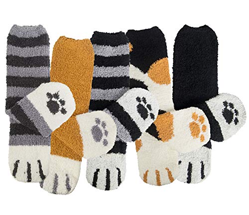 Fuzzy Socks for Women 5 Pairs Winter Warm Fluffy Slipper socks Soft Cute Cat Animal, B-Grey & Yellow & Black Cat Claw