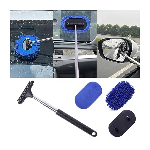 zipelo Windshield Cleaner Tool, Car Inside Window Cleaning Kit with Extendable Handle, Premium Microfiber Pad and Chenille Cloth Cover. Washable & Reusable, Auto Interior Exterior Glass Wiper