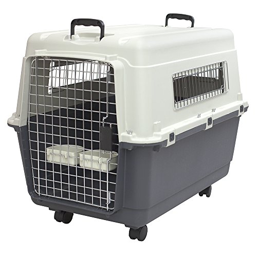 SportPet Designs Plastic Kennels Rolling Plastic Wire Door Travel Dog Crate- Large Kennel, Gray