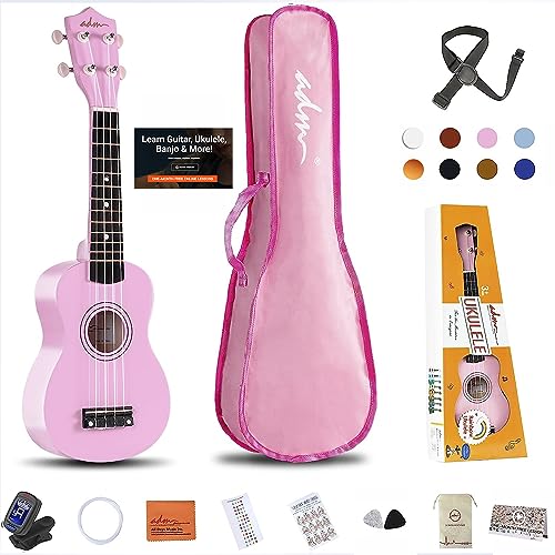 ADM Soprano Ukulele for Beginners 21 Inch Hawaiian Wood Ukelele Kit for Kids Adult Student Starter Professional Ukalelee Pack Bundle with Free Lessons Gig Bag Strap Nylon String Tuner Pick, Pink