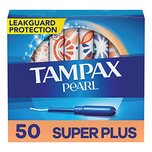Tampax Pearl Tampons Super Plus Absorbency, with Leakguard Braid, Unscented, 50 Count