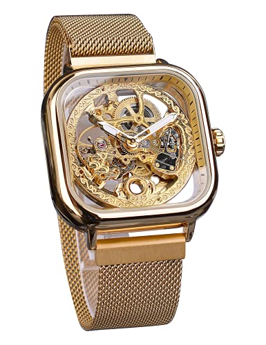 FORSINING Fashion Automatic Mechanical Wrist Watch Golden for Mens Waterproof Watches with Stainless Steel Skeleton Transparent Dial with Royal Flower Movement Carving