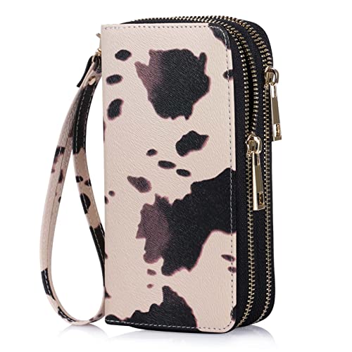 HAWEE Cellphone Wallet for Women Dual Zipper Long Purse with Removable Wristlet, Cow Peachy Beige